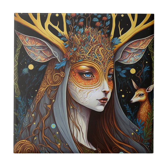 Deer Lady Fantasy Art Tile (Front)