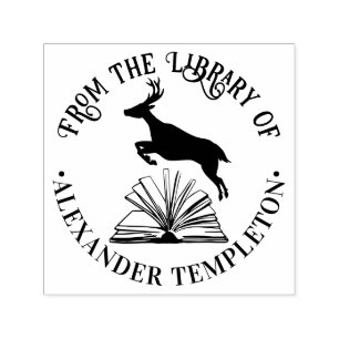 Deer Leaping Over Open Book Library Name Self-inking Stamp