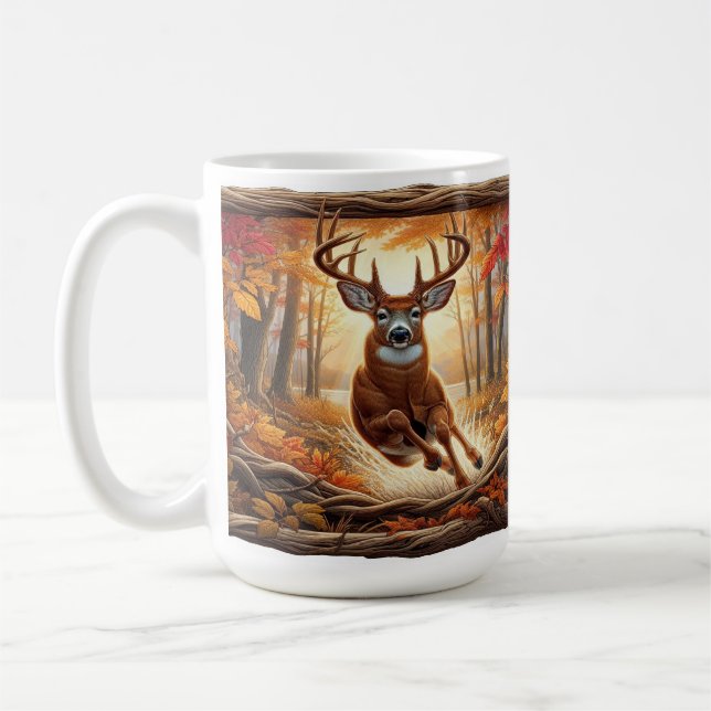 Deer Leaping Through Vibrant Autumn Forest  Coffee Mug (Left)