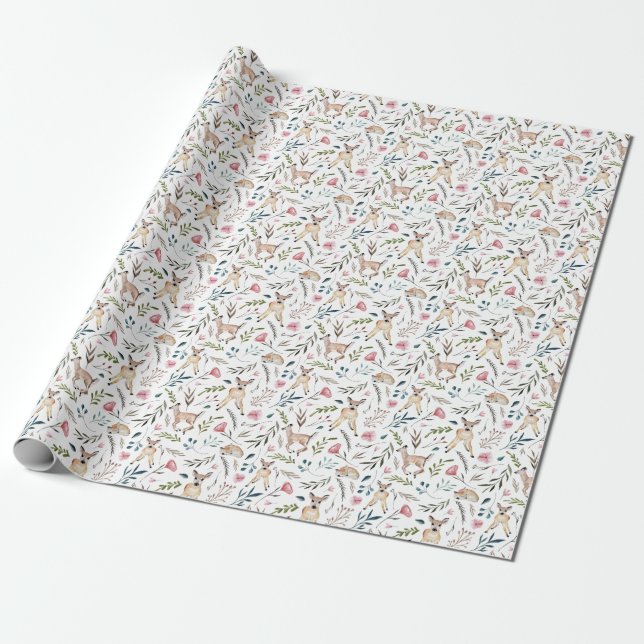 Deer, leaves, and flowers Wrapping Paper (Unrolled)