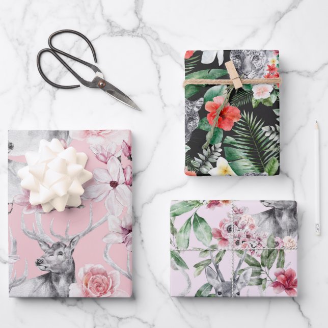 Deer leopard grey pink black peonies floral wrapping paper sheet (Front)