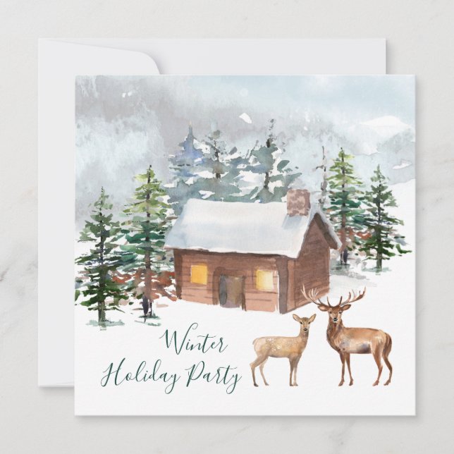 Deer, log cabin Christmas Party Flat Greeting Card (Front)