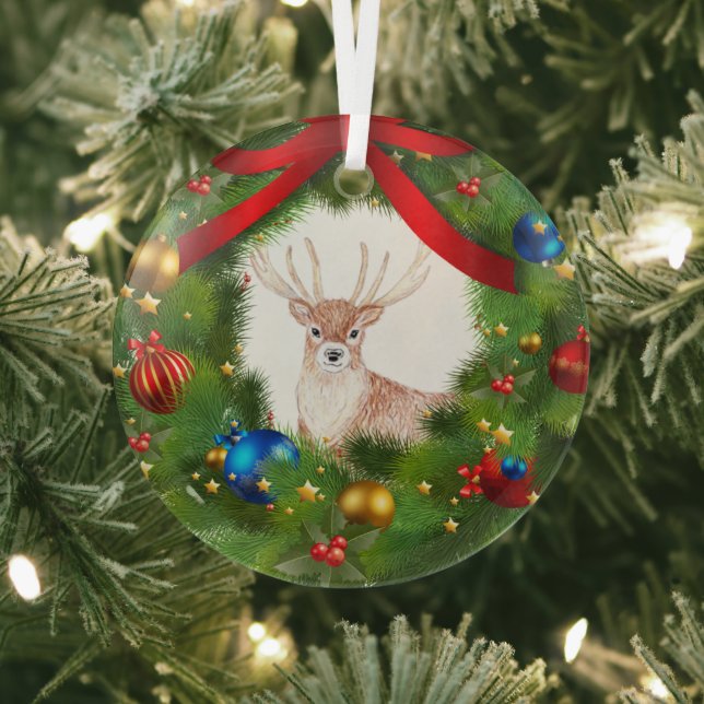 Deer looking through a Christmas Wreath Glass Tree Decoration (Insitu)