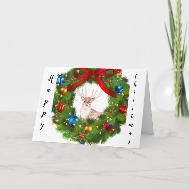 Deer looking through a Christmas Wreath Thank You Card (Front)