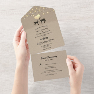 Deer Love Woodland Deer Strings of Light Wedding All In One Invitation