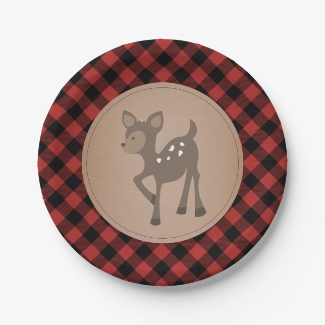 Deer Lumberjack Plaid Baby Shower Paper Plate (Front)