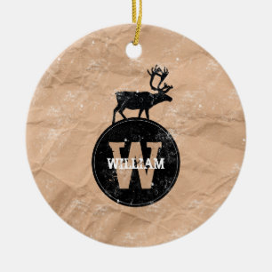 Deer Monogram Distressed Rustic Brown Kraft Paper Ceramic Tree Decoration