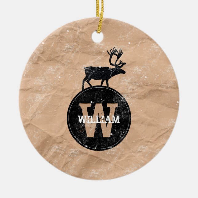 Deer Monogram Distressed Rustic Brown Kraft Paper Ceramic Tree Decoration (Front)