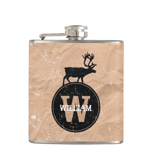 Deer Monogram Distressed Rustic Brown Kraft Paper  Hip Flask (Front)