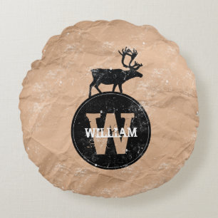 Deer Monogram Distressed Rustic Brown Kraft Paper Round Cushion