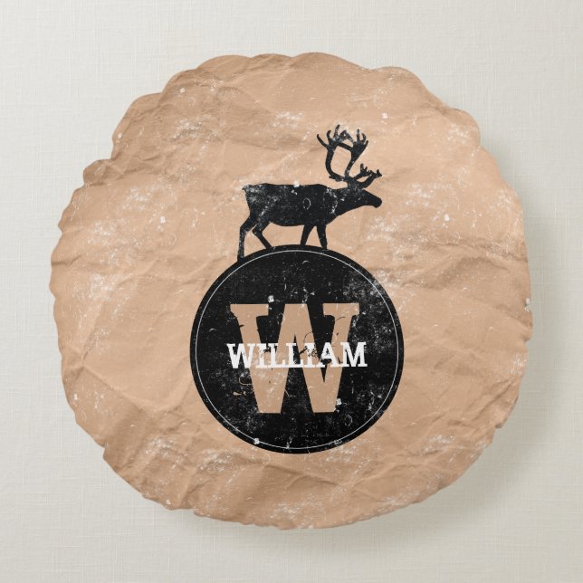Deer Monogram Distressed Rustic Brown Kraft Paper Round Cushion (Front)
