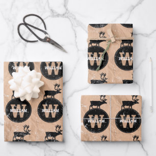 Deer Monogram Distressed Rustic Brown Kraft  Wrapping Paper Sheet
