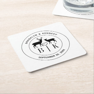 Deer Monogram Rustic Country Wedding Couple Name Square Paper Coaster