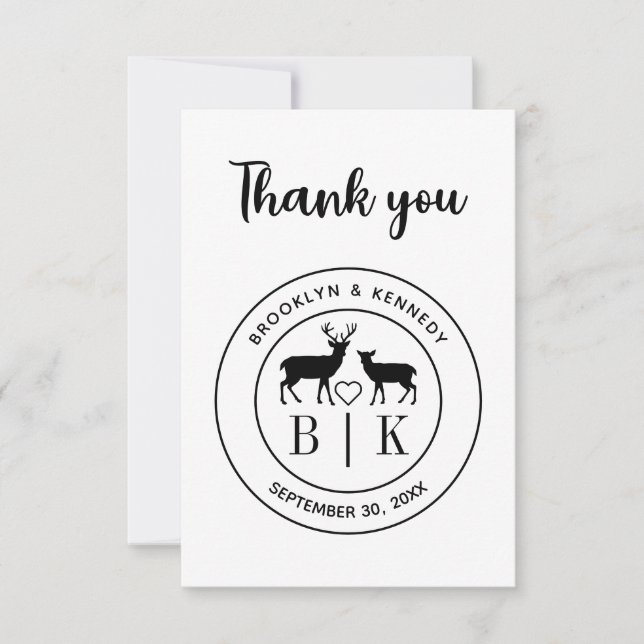 Deer Monogram Rustic Country Wedding Couple Name Thank You Card (Front)
