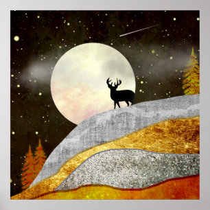 Deer Moon Landscape Poster