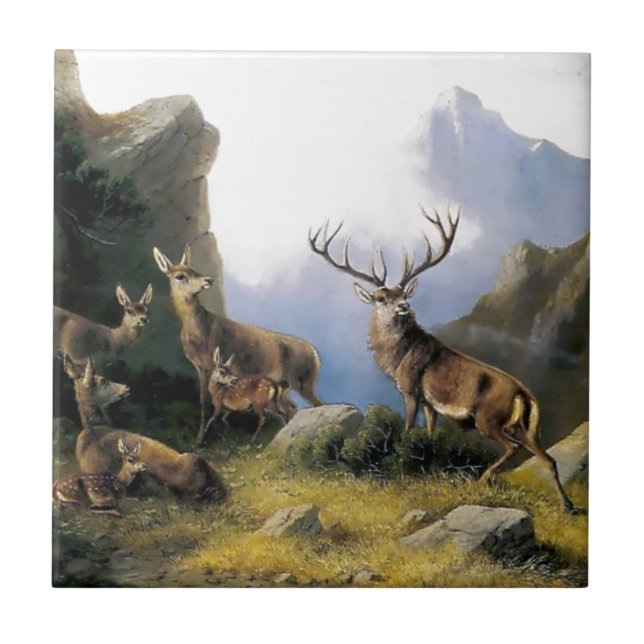 Deer mountains nature wild anomals painting tile (Front)