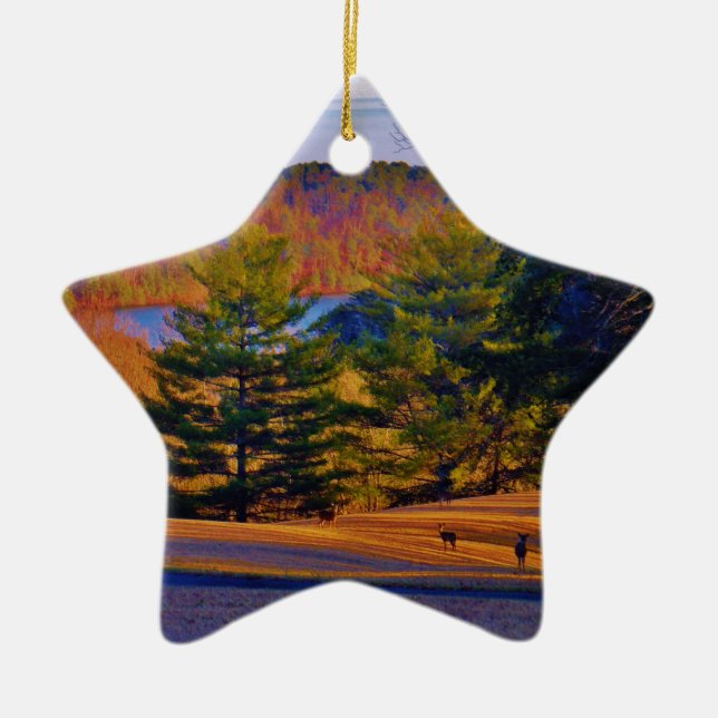 Deer & Mt. Lake Ceramic Tree Decoration (Front)