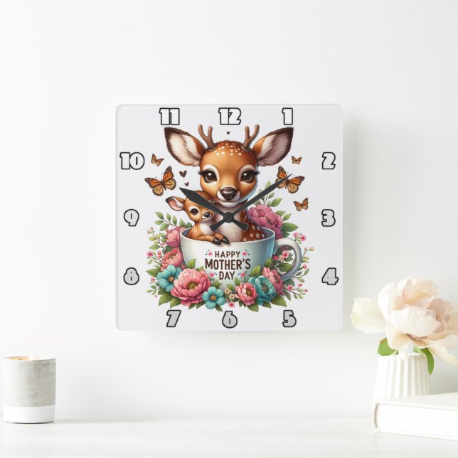 Deer Mum: Fawn, Flowers, Mother's Day Square Wall Clock (Home)