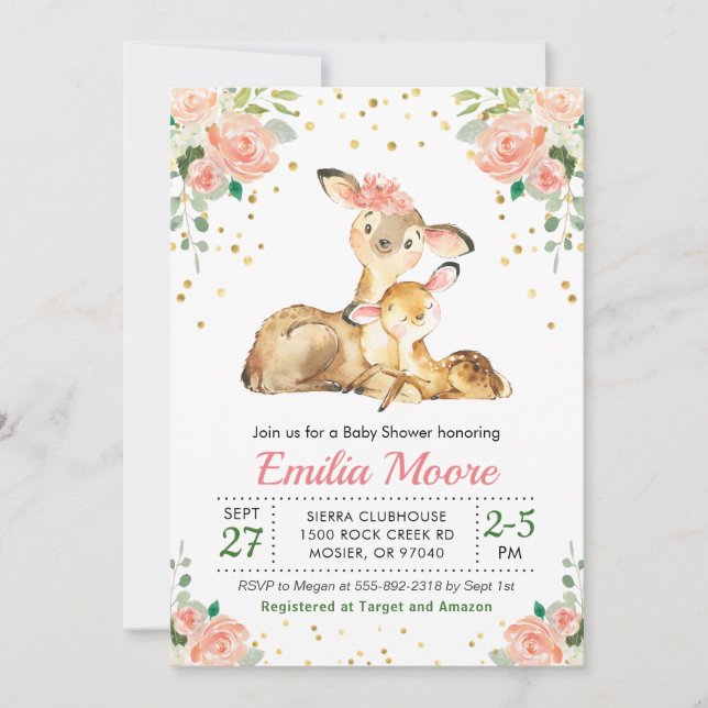 Deer Mummy and Baby Forest Shower Floral Peach Invitation (Front)