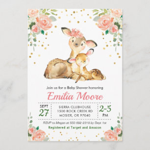 Deer Mummy and Baby Forest Shower Floral Peach Invitation