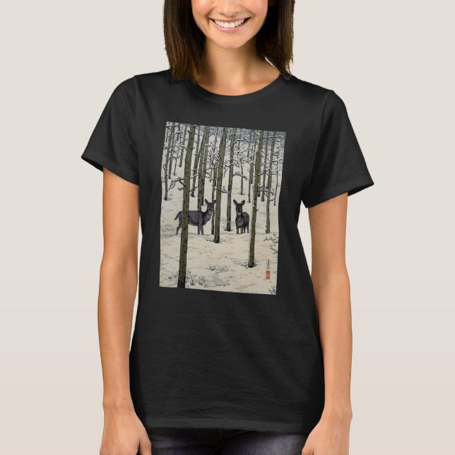 Deer Nara Forest Snow Winter Aspen Japanese Ukiyo  T-Shirt (Front)