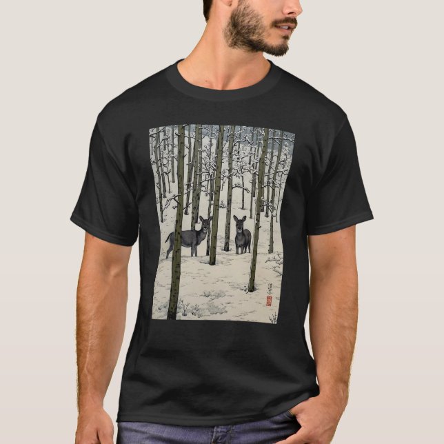 Deer Nara Forest Snow Winter Aspen Japanese Ukiyo  T-Shirt (Front)
