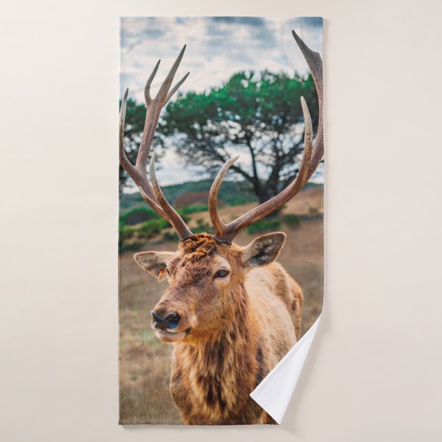 DEER ON BROWN GRASS FIELD UNDER GRAY CLOUDY SKY BATH TOWEL (Bath Towel)