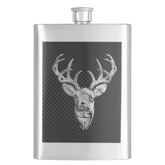 Deer on Carbon Fibre Style Print Hip Flask (Front)