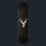 Deer on Carbon Fibre Style Print Skateboard<br><div class="desc">A modern Deer Head bold Energy Spirit applique style. A white tail antlers buck trophy profile on a carbon fibre look background that is sure to make an impression on or off the trails. We also carry a wide selection of custom embroidered caps to complete your quest for that something...</div>