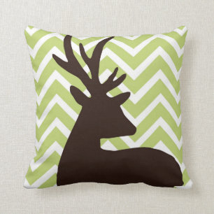 Deer on Chevron Zigzag - Green and White Cushion