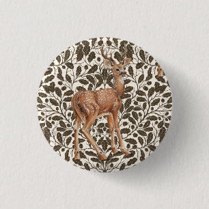 Deer on decorative oak damask pattern in brown and 3 cm round badge