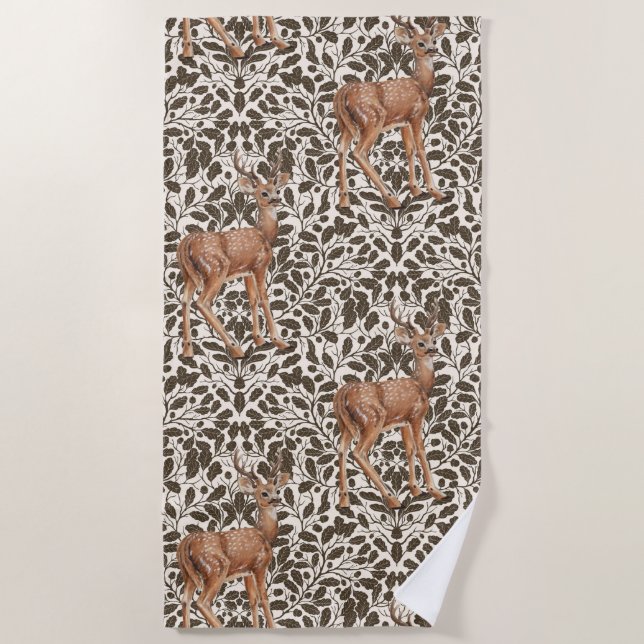 Deer on decorative oak damask pattern in brown and beach towel (Front)