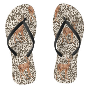 Deer on decorative oak damask pattern in brown and flip flops