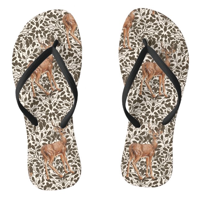 Deer on decorative oak damask pattern in brown and flip flops (Footbed)