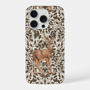 Deer on decorative oak damask pattern in brown and iPhone 15 pro case