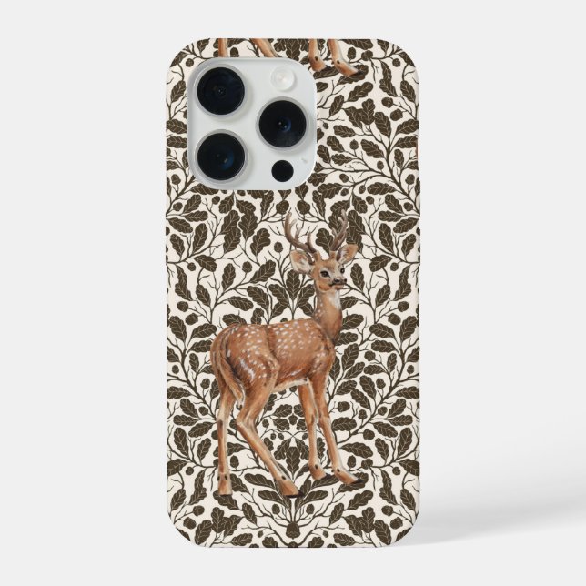 Deer on decorative oak damask pattern in brown and iPhone case (Back)