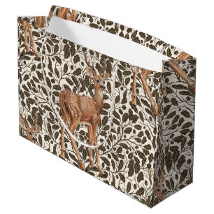 Deer on decorative oak damask pattern in brown and large gift bag