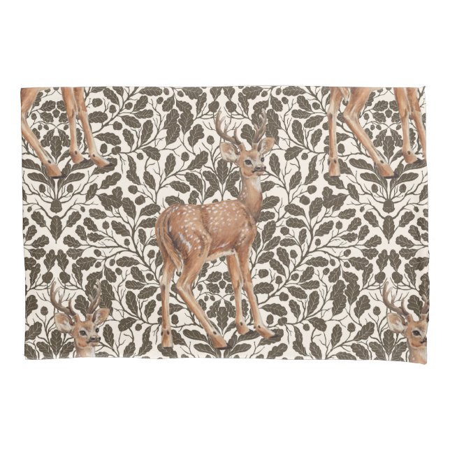 Deer on decorative oak damask pattern in brown and pillowcase (Front-Left)