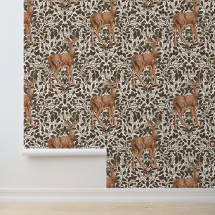 Deer on decorative oak damask pattern in brown and wallpaper