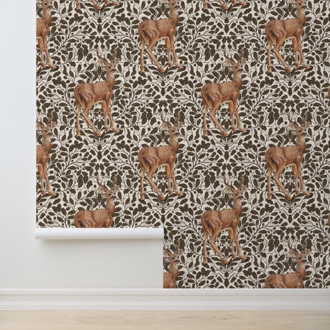 Deer on decorative oak damask pattern in brown and wallpaper (Application)