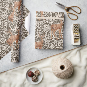 Deer on decorative oak damask pattern in brown and wrapping paper