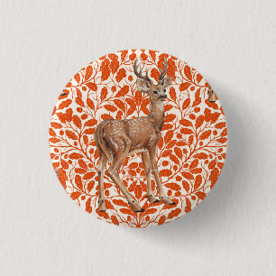 Deer on decorative oak damask pattern in dark oran 3 cm round badge
