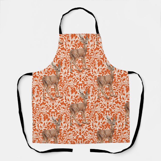Deer on decorative oak damask pattern in dark oran apron (Front)