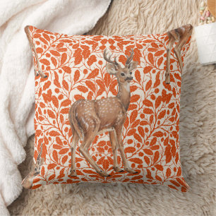Deer on decorative oak damask pattern in dark oran cushion