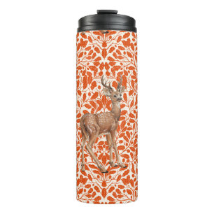 Deer on decorative oak damask pattern in dark oran thermal tumbler