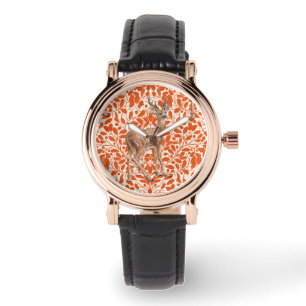Deer on decorative oak damask pattern in dark oran watch