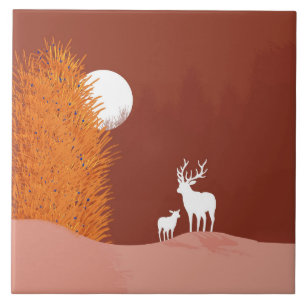 Deer on Moon Lit Hill Tile