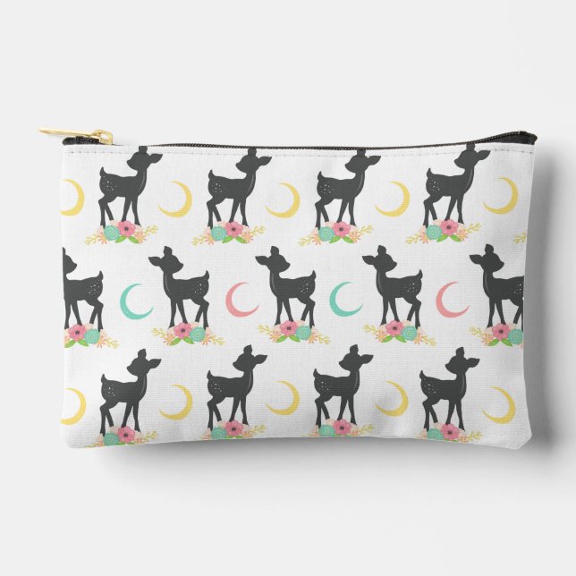 Deer Pattern, Baby Deer, Boho, Flowers, Moon Accessory Pouch (Front)