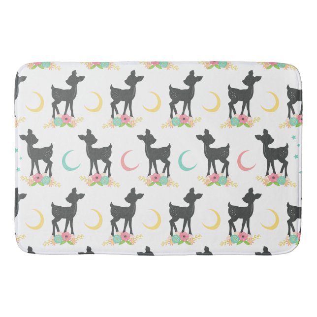 Deer Pattern, Baby Deer, Boho, Flowers, Moon Bath Mat (Front)