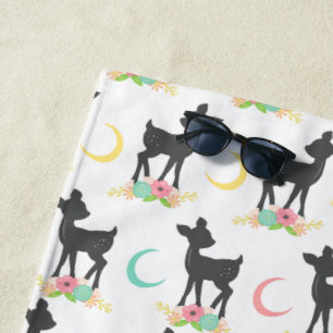 Deer Pattern, Baby Deer, Boho, Flowers, Moon Beach Towel